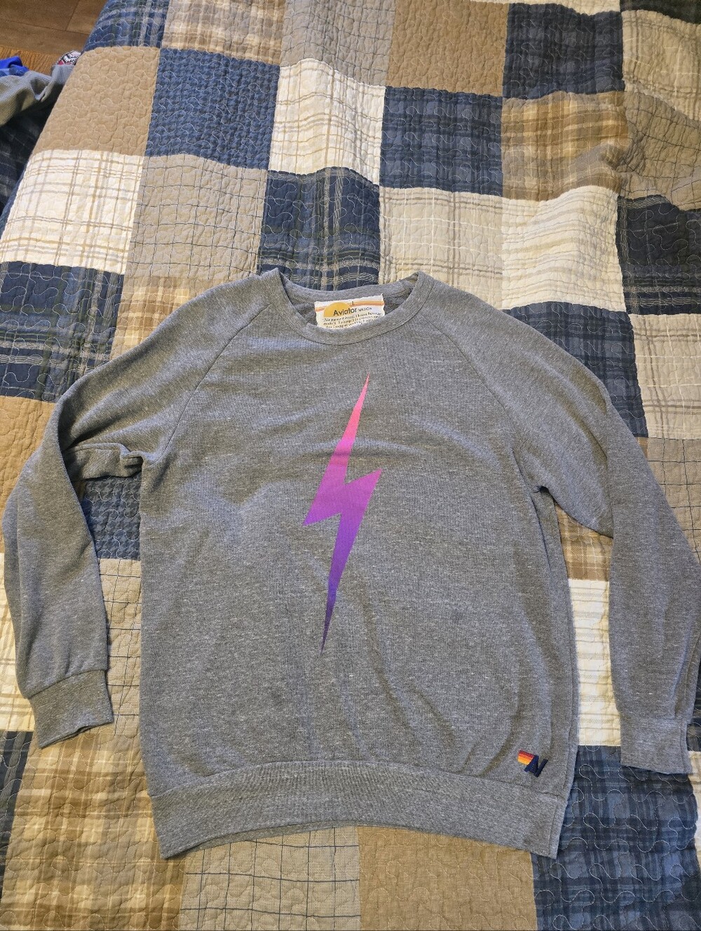 Aviator Nation Gray Crewneck With Purple Neon Bolt Size Large